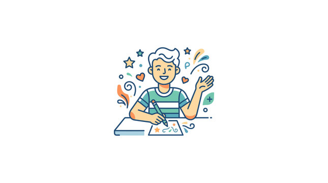Happy boy drawing and waving hand, creative illustration, education, childhood
