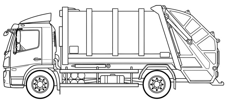 Detailed black and white vector illustration showing a heavy duty municipal garbage truck side view profile