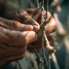 Obraz premium Close-up of weathered hands tying or repairing a frayed rope net, highlighting skill and craftsmanship with a blurred background.