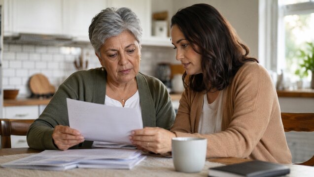 Daughter helping senior woman to read legal financial document in kitchen. Caregiver supporting elderly mother with paperwork. Awareness of elder rights and protection at home.