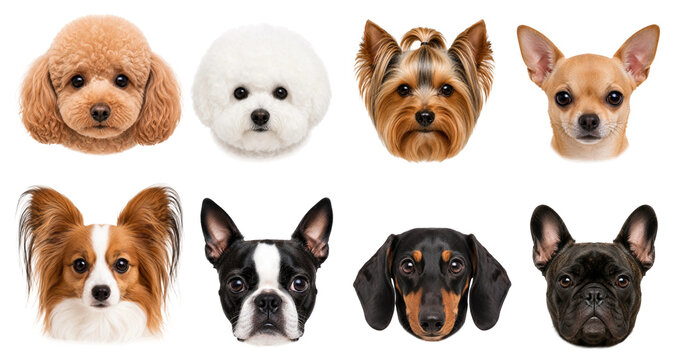 Realistic Small Dog Face Portrait Collection Isolated on Transparent Background &ndash; Toy Poodle, Bichon Frise, Yorkshire Terrier, Chihuahua, Papillon, Boston Terrier, Dachshund and French Bulldog