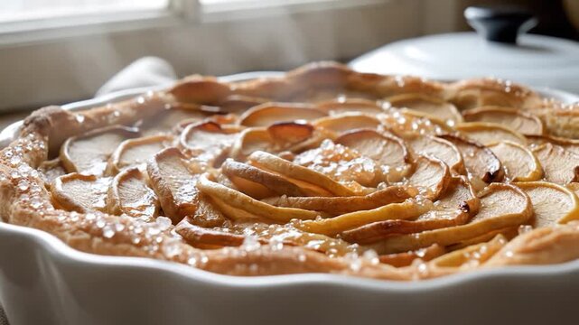 Freshly baked apple tart with steam in a white ceramic dish on a kitchen table near a window