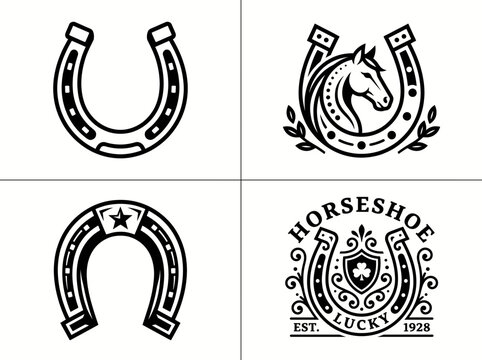 Set of horseshoe logo designs with horse head, star, and clover elements