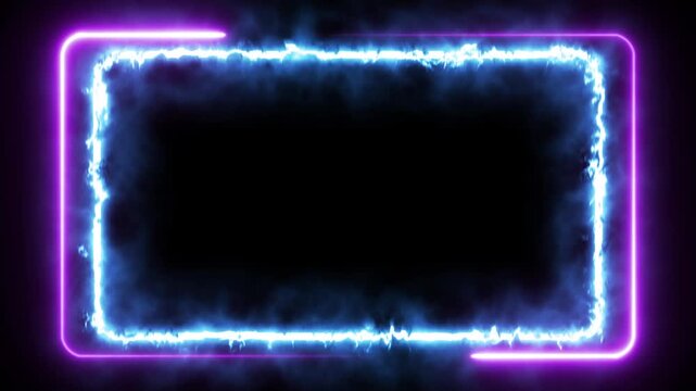 Electric Blue Plasma Energy Frame with Purple Neon Sign Corners Animation on Black Background Smoke Effects
