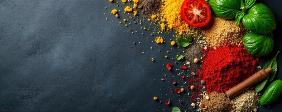 Assorted dried herbs & spices on black slate, copy space , basil, culinary