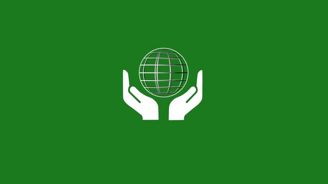 White hands holding a wireframe globe on a green background cupped protecting