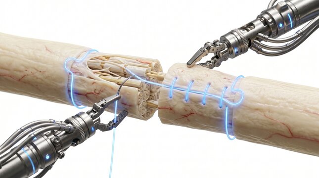 3D Microscopic Diagram of Robotic Microsurgery Suturing a Severed Nerve