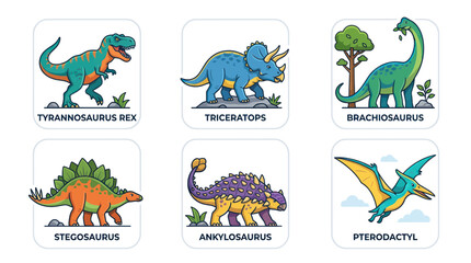 Cute Cartoon Dinosaurs Collection: T-Rex, Triceratops, Brachiosaurus, Stegosaurus, Ankylosaurus, Pterodactyl © gedang