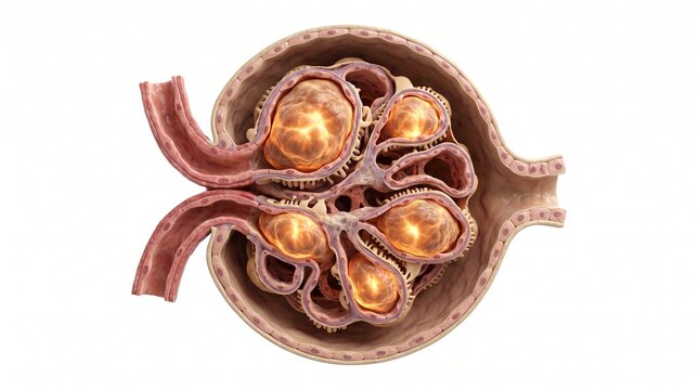3D Microscopic Diagram of Nodular Glomerulosclerosis in Diabetic Nephropathy