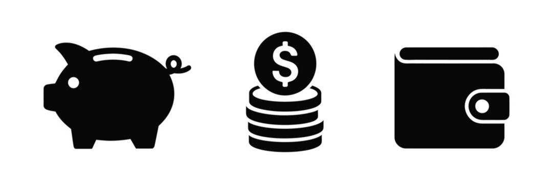 Piggy bank, money bag and wallet icons for finance business concepts vector set.
