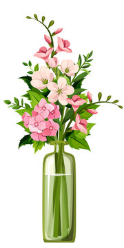 Pink flowers bouquet in a green glass bottle. Vector illustration isolated on white