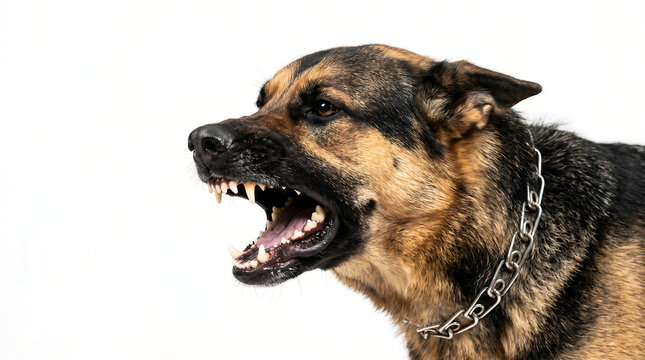 A German Shepherd dog with an aggressive snarl, bared teeth and bared gums, wearing a metal chain collar, conveying a powerful sense of warning and danger, showcasing its formidable canine