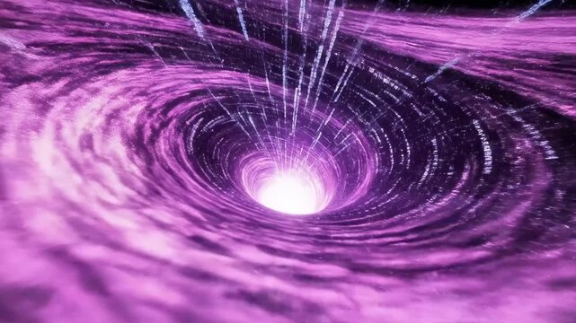 A vibrant purple tunnel with swirling patterns and bright lights
