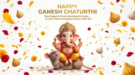Fototapeta premium Happy ganesh chaturthi celebration greeting card with lord ganesha sitting on a mouse surrounded by floating modak sweets and flower petals on a clean white background for festive hindu worship