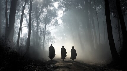 Obraz premium Three figures walk along a foggy forest path surrounded by towering trees with light piercing through the mist in a serene and mysterious atmosphere.