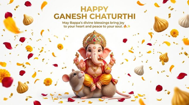 Happy ganesh chaturthi celebration greeting card with lord ganesha sitting on a mouse surrounded by floating modak sweets and flower petals on a clean white background for festive hindu worship