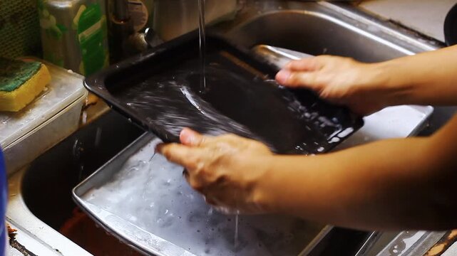Hand of person washing dishes and utensils with soap and water on the sink.