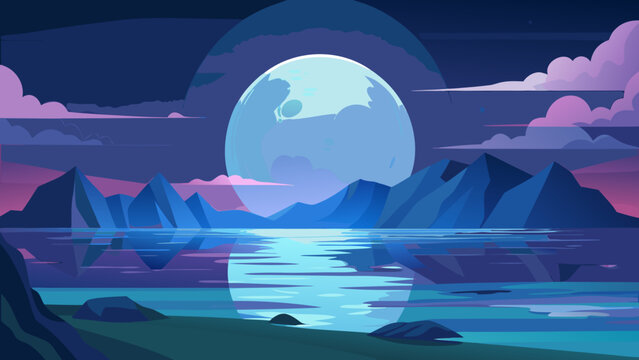 Full moon over calm lake with dark mountain landscape and reflective surface in blue purple tones mountains landscape reflection minimalist peaceful wilderness twilight environment tranquil