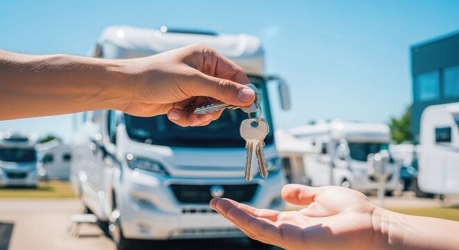 A close up of metal keys being handed over in front of a large recreational vehicle at a bright outdoor dealership on a clear summer day, metal, silver, camping