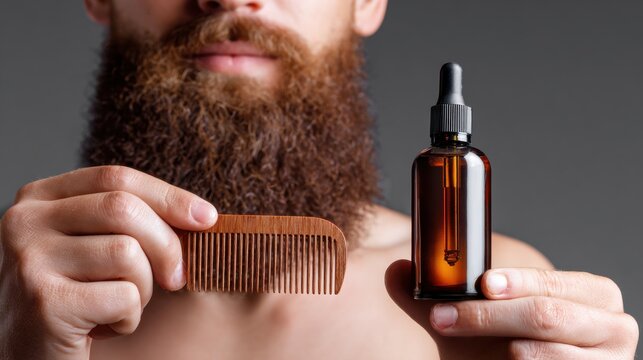 Close up of bearded man holding beard oil and wooden comb during grooming routine. Men&rsquo;s skincare, beard care, facial hair maintenance and personal care concept