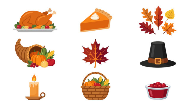 A traditional Thanksgiving dinner scene with a roasted turkey, pumpkin pie, and autumn leaves on a table with a pilgrim hat, cornucopia, and candle.