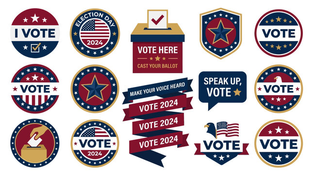 Various voting stickers and badges with American flags and text encouraging people to vote in a democratic election.
