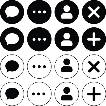 Set of sixteen circular interface featuring speech bubbles ellipses user profiles plus signs and cross marks in black and white flat style for web and mobile application navigation