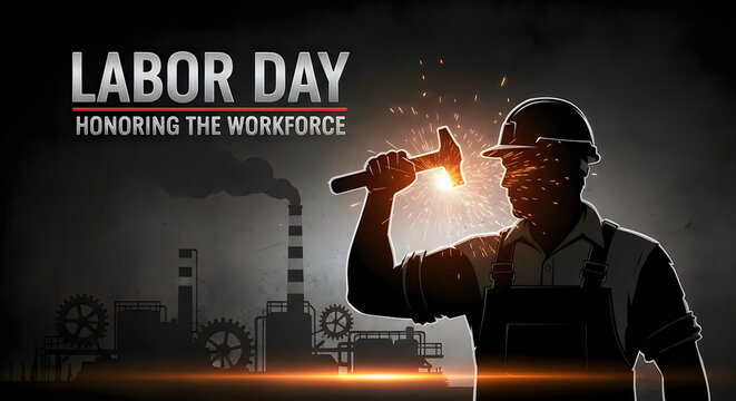 Labor day illustration welder silhouette with industrial factory background