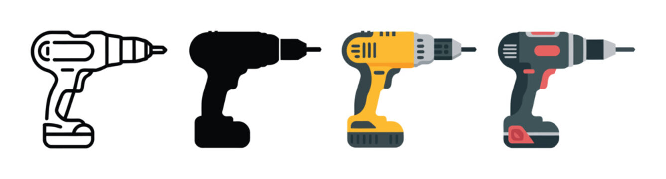 Electric power drill icon set, home improvement and carpentry tool symbols vector design.
