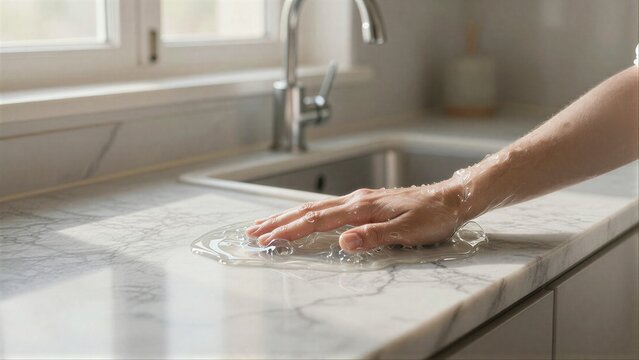 Hand wipes marble countertop with clear cloth near kitchen sink.