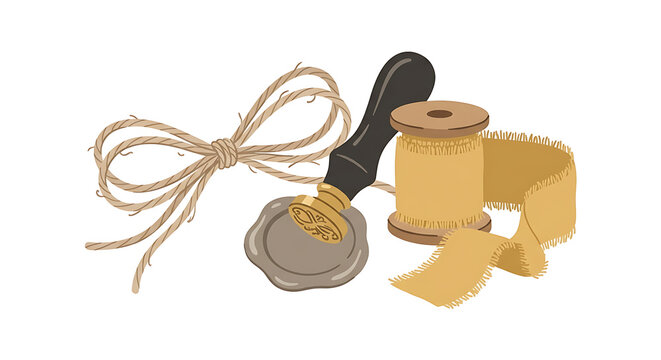Flat vector illustration of gift packaging elements, twine bow, wax seal stamp, and linen ribbon roll, isolated on white background.