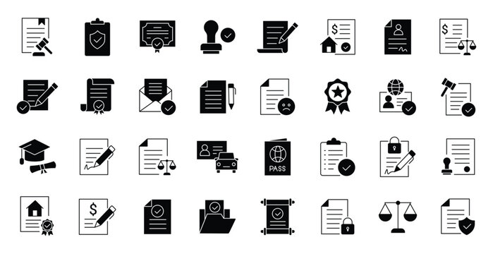 Legal documents and certificate icons, 32 black solid vector symbols for law and business, official paper and contract agreement set