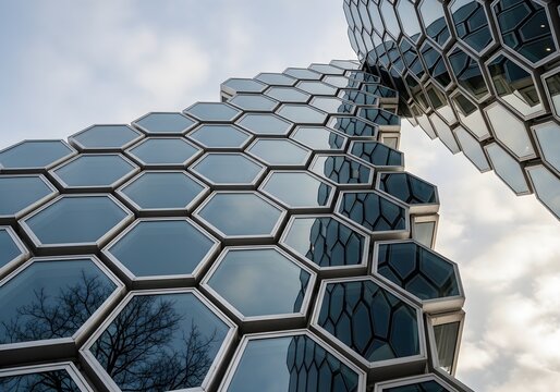 Modern hexagonal building facade with reflective windows creating a futuristic, geometric pattern against a cloudy sky.