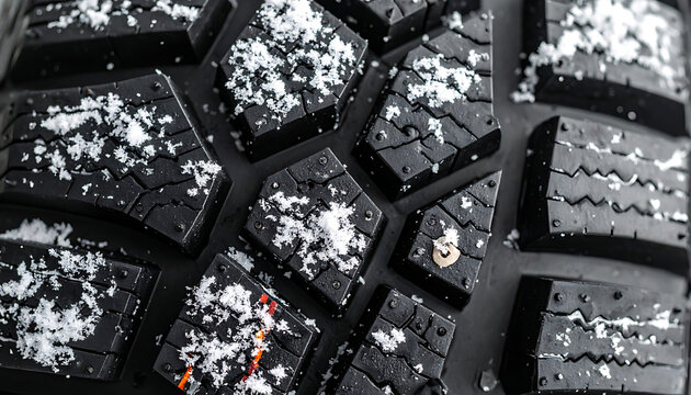 Extreme closeup of a winter tire tread pattern covered in fresh snow and ice, showing grip and traction for winter driving conditions