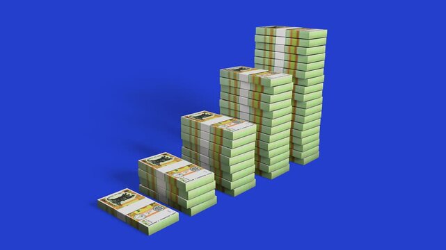 An animation showing stacks of Moldovan lei banknotes rising like a bar chart against a blue background, followed by an alpha matte luma channel for easy masking and compositing.
