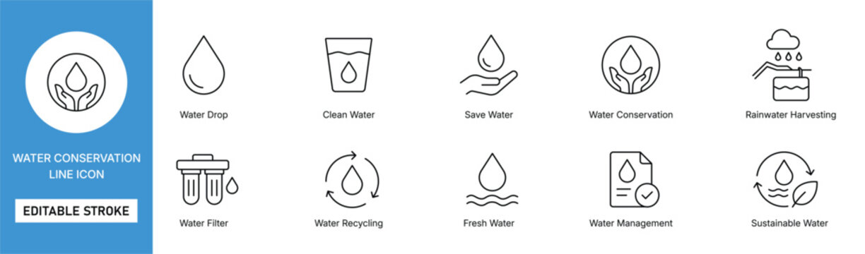 water conservation icon line style recycling filter and sustainability editable stroke vector set