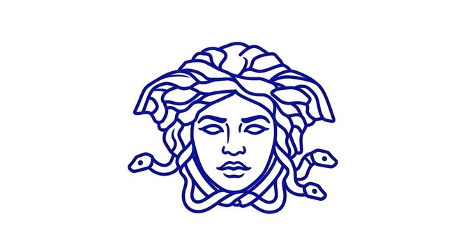 Blue line art of Medusa head with snakes on white background