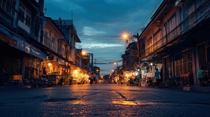 Obraz premium A vibrant street scene at dusk with illuminated shops and people walking, reflecting warm lights on the wet pavement.