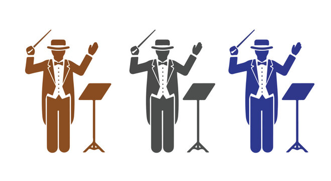 Three male speakers standing behind podiums with raised hands during a presentation or speech in different color schemes