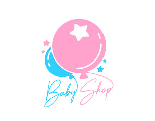 Fototapeta premium Baby shop icon, kid clothing store label. Baby toy store emblem, kids clothes brand symbol. Maternity accessories shop isolated sign or icon with pink and blue air balloons, handwritten typography