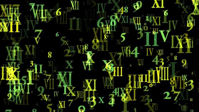 Abstract digital technology background with floating yellow and green Roman and Arabic numerals over black.