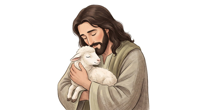 A compassionate Jesus tenderly embraces a vulnerable little lamb, symbolizing divine love, protection, and the shepherd's care for his flock with profound gentleness