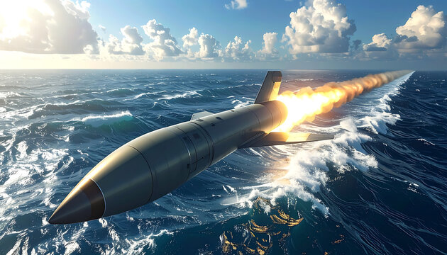 Cruise missile launching over the ocean with a fiery exhaust trail, depicting military power and naval warfare, ideal for defense concepts