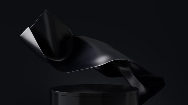 Black podium with fabric satin cylinder pedestal luxury display, floating wavy cloth above round stage on dark shadow backdrop for cosmetic product, 3d rendering