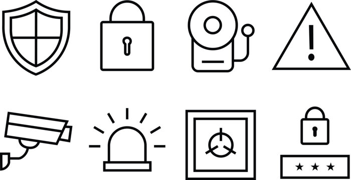 Security and surveillance outline icons set. The set features a shield, padlock, fire alarm bell, warning triangle, CCTV camera, siren, safe box, and password entry field.