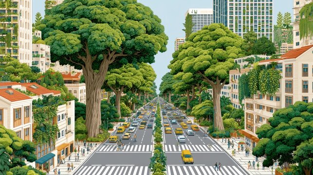 Lush urban boulevard busy street tree lined avenue metropolitan cityscape green city traffic lane city road urban forest pedestrian crossing tall tree city building apartment building office tower