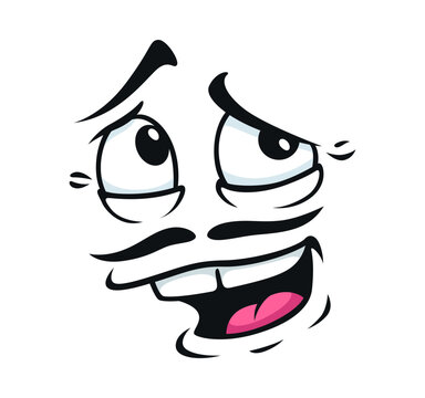 Shy face with timid smile and expression or bashful emotion with funny mustaches. Cartoon facial emotion or ingratiating emoji and coy smile emoticon icon of mood character with comic mouth and eyes
