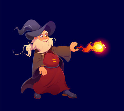 Cartoon bearded magician wizard in wide brimmed hat throws a flame magic spell from his palm. Vector wizard sorcerer casting a glowing magic spell ball or power fire blast of energy lightning