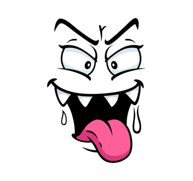 Evil smile emoji of hungry monster with saliva on teeth for cartoon face expression icon. Evil grim mouth with fang teeth and spooky predatory grin smile or monstrous vampire look on cartoon face