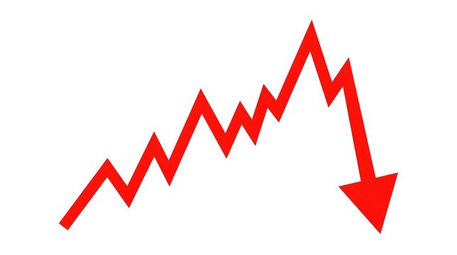 Red graph line chart with upward trend and sharp decline